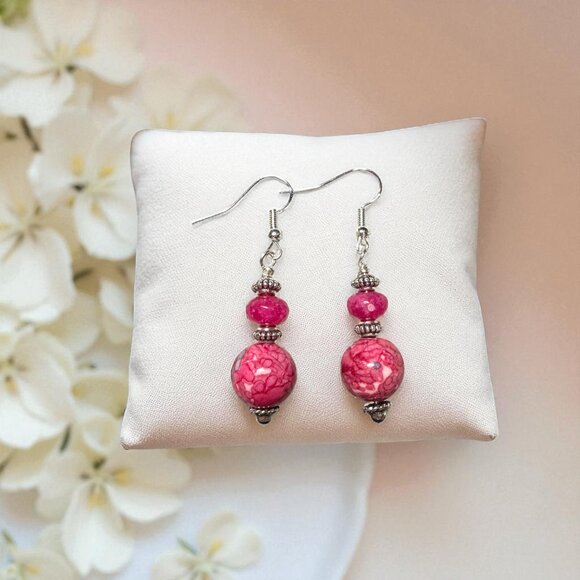 Rain Flower Jade & Faceted Pink Jade Earrings 925 Sterling Silver Ear Wires - Picture 6 of 11